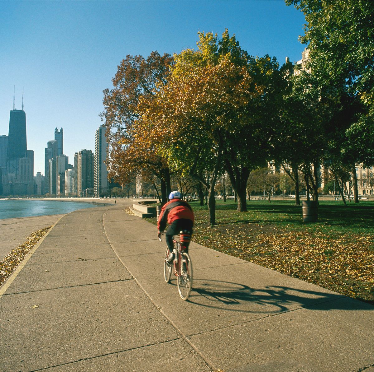 USA, Illinois, Chicago, Lakeside Beach, skyline, cyclist, rear view