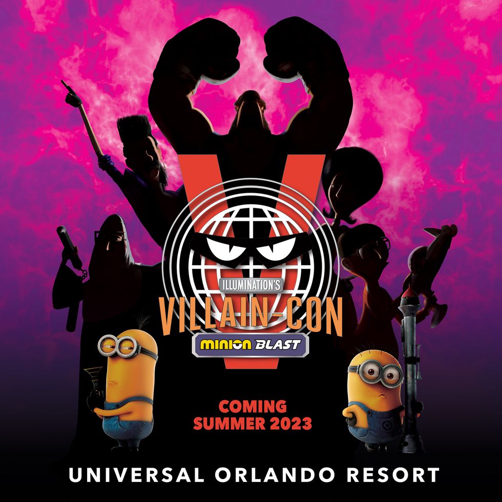 the logo for illumination's villaincon minion blast, coming to universal orlando