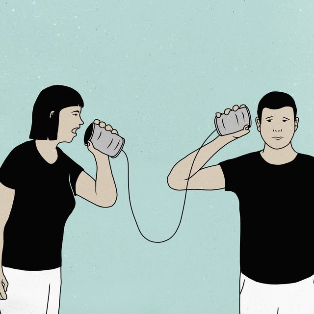 illustration of couple communicating through tin can phones against colored background