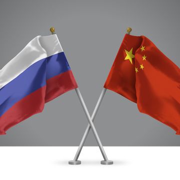 3d illustration of two crossed flags of china and russia