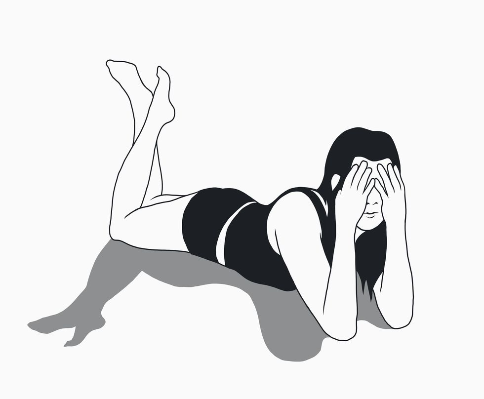 illustration of woman covering face while lying on stomach against white background