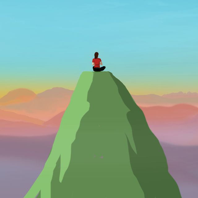 illustration of woman meditating on mountain peak