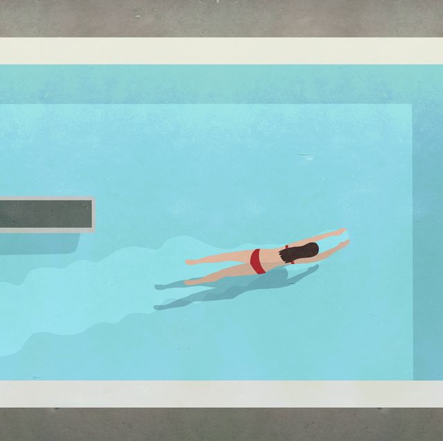 illustration of woman swimming in pool at resort