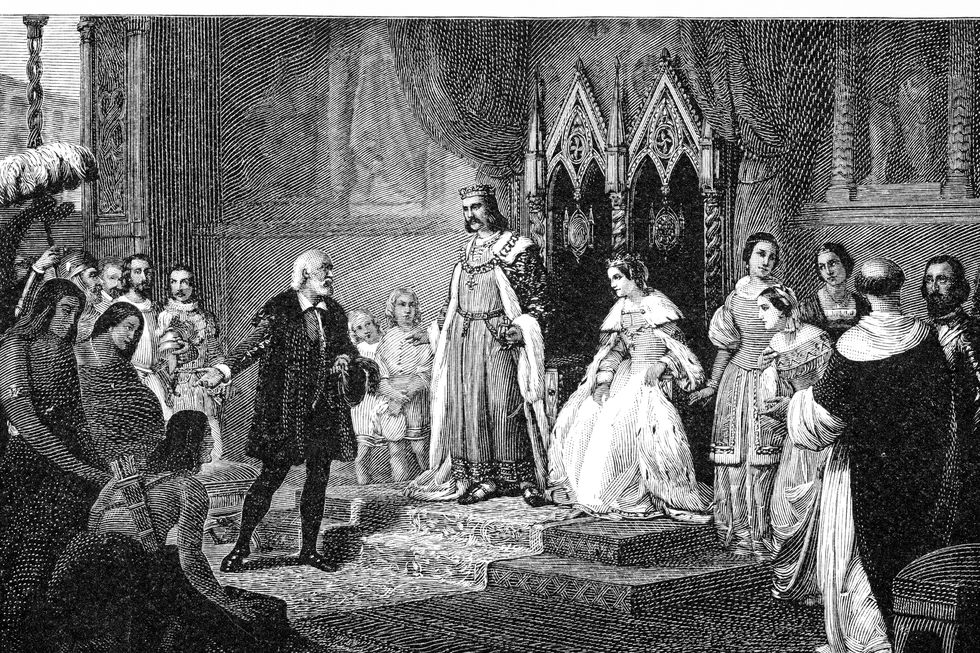 illustration of a king wearing a crown stands on an elevated platform as a queen wearing a crown sits to the right, they look at a man standing below who points to the left, many people watch from around the room