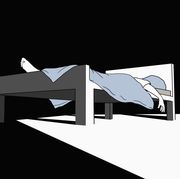 illustrative image of tired man sleeping on bed in darkroom