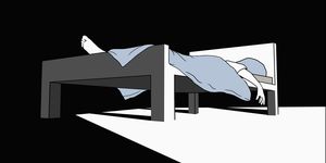 illustrative image of tired man sleeping on bed in darkroom