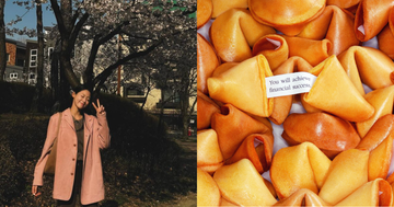 one side features a person standing in a park surrounded by cherry blossom trees, wearing a pink coat and making a peace sign the other side displays a collection of golden brown fortune cookies, with a visible fortune reading 'you will achieve financial success'