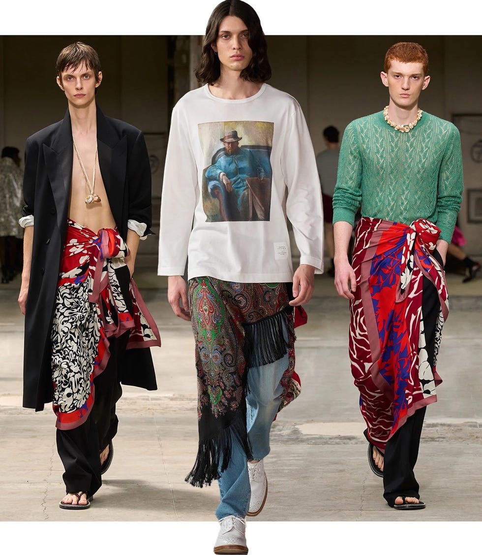 fashion runway showcasing three male models in unique outfits