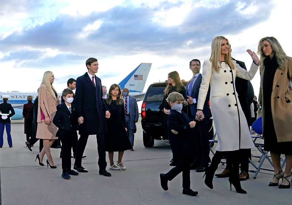 ivanka trump, husband jared kushner, thier children and trump family members waves at joint base andrews in maryland as they arrive for us president donald trump's departure on january 20, 2021   president trump travels to his mar a lago golf club residence in palm beach, florida, and will not attend the inauguration for president elect joe biden photo by alex edelman  afp photo by alex edelmanafp via getty images