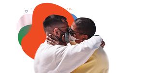 two men kissing with masks on