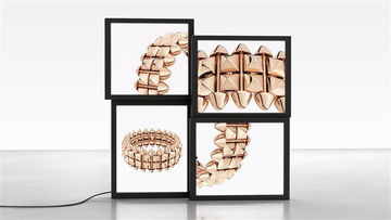 display of jewelry composed of four screens showing rose gold bracelets
