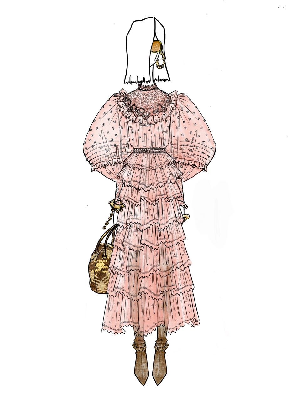 Illustration, Costume design, Fashion illustration, Pink, Fashion design, Dress, Sketch, Drawing, Outerwear, Art, 