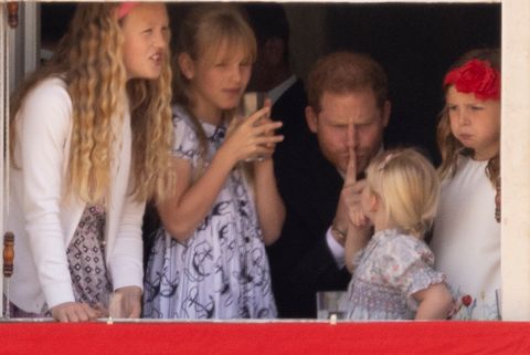 prince harry with savannah phillips and mia tindall in the  major general's office overlooking the trooping of the colour on horse guards parade