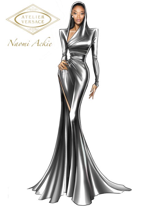 a versace sketch of the custom gown worn by naomi ackie