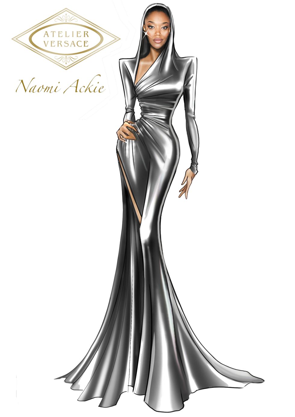a versace sketch of the custom gown worn by naomi ackie
