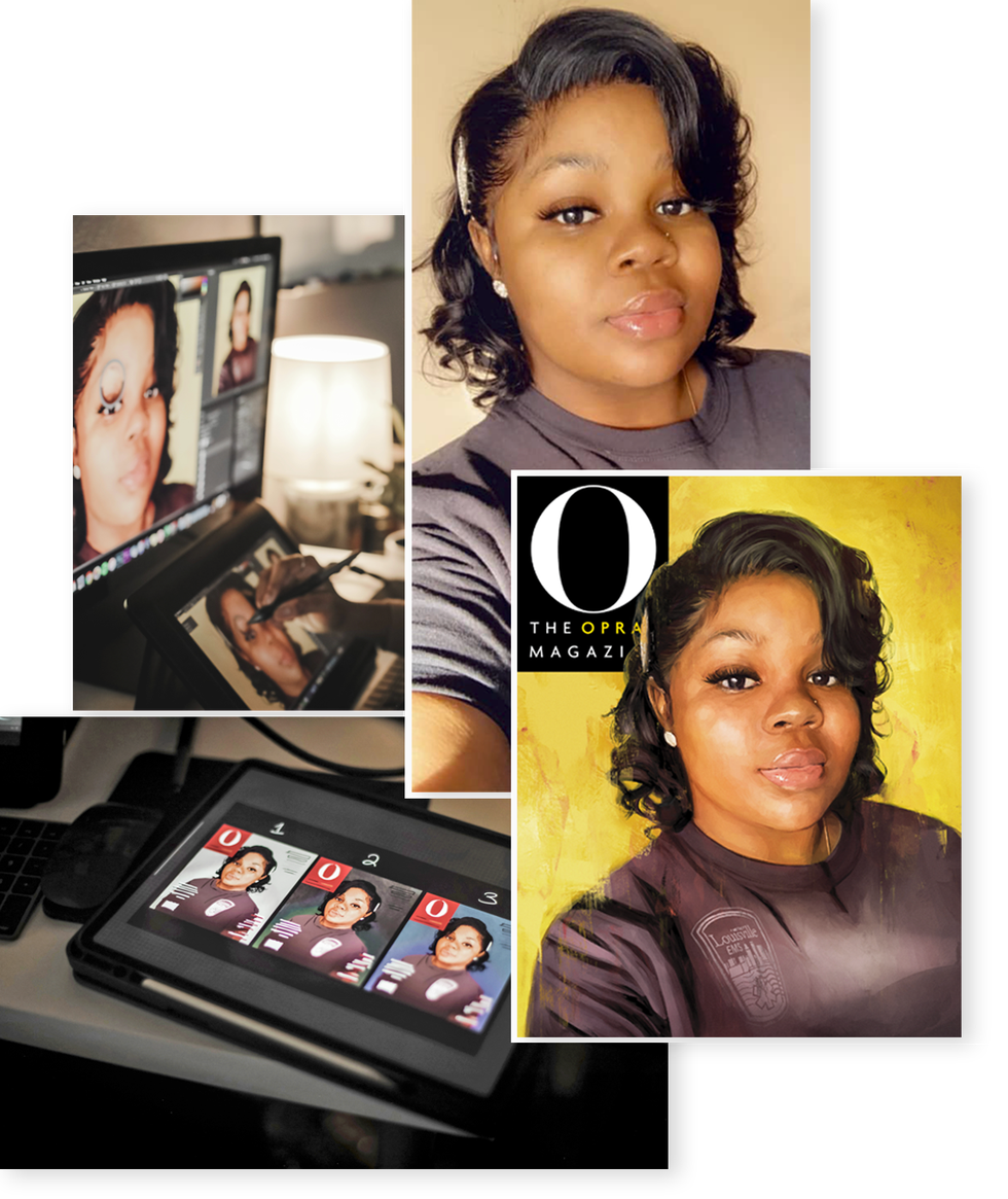 breonna taylor’s selfie that inspired the cover franklin’s completed cover tribute a trio of background options the artist ironing out the details