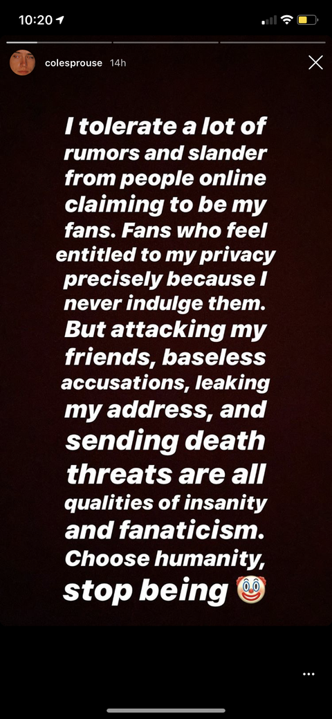 cole sprouse's instagram response to cheating rumors