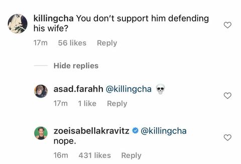 zoë kravitz's response to question on whether she supports will smith defending jada pinkett smith