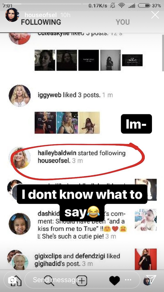 hailey accidentally following a selena fan account