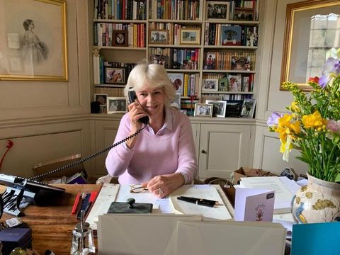 camilla making a phone call from her desk