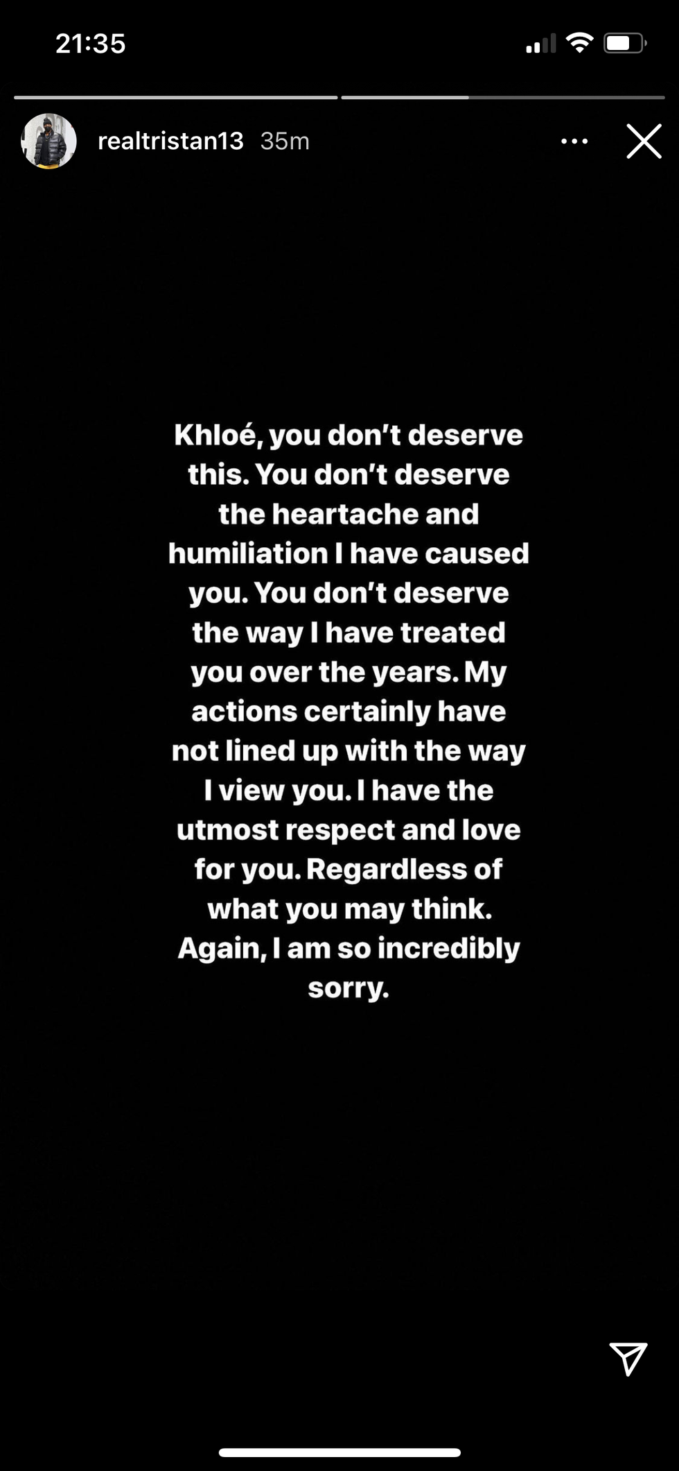 tristan thompson's statement to khloé kardashian