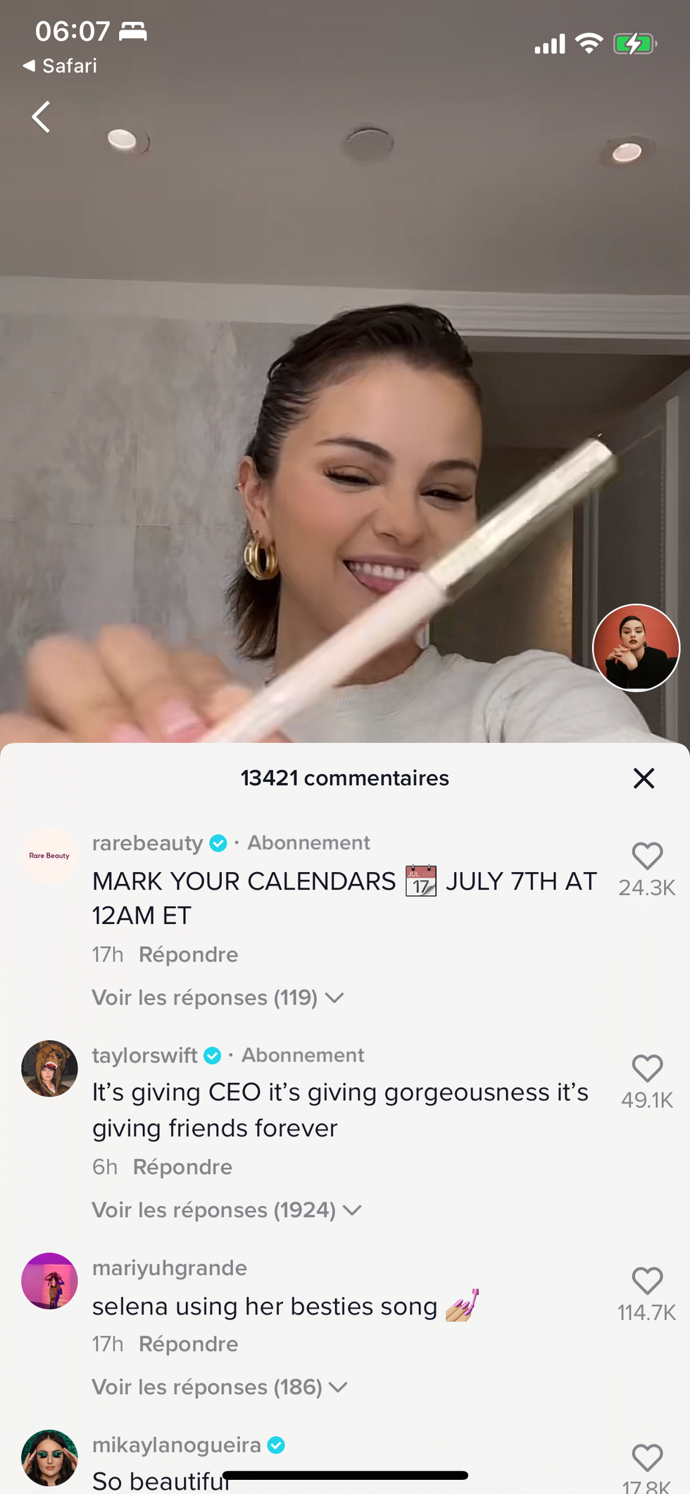 taylor swift's comment on selena gomez's tiktok