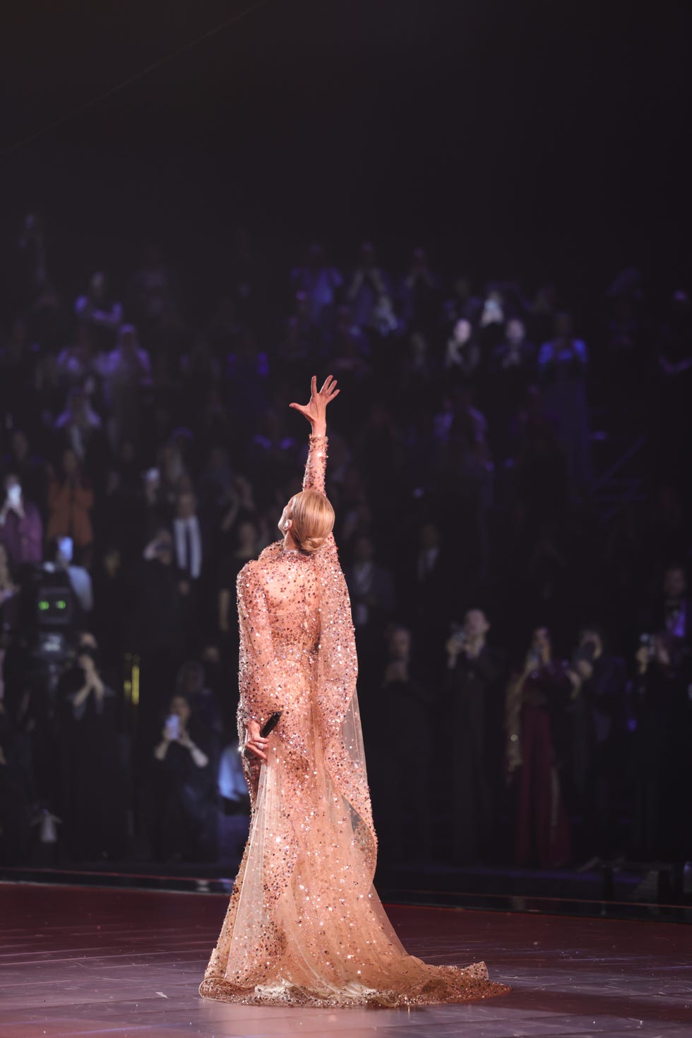 a performer in a sparkling gown raises one hand towards an audience