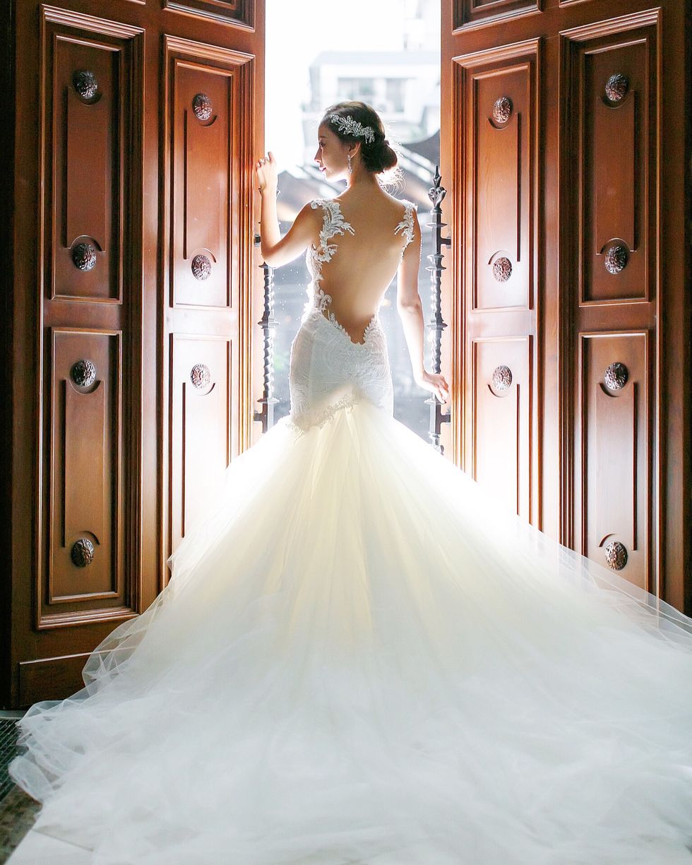 Gown, Wedding dress, Dress, Bride, Clothing, Bridal clothing, Photograph, Bridal party dress, Shoulder, Strapless dress, 