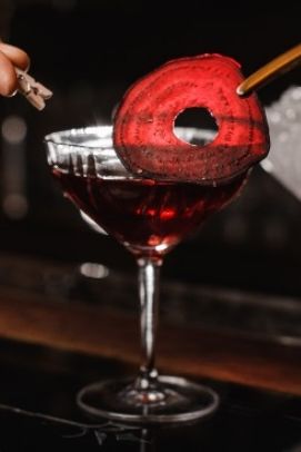 Drink, Wine glass, Classic cocktail, Alcoholic beverage, Stemware, Cocktail, Glass, Alcohol, Wine cocktail, Distilled beverage, 