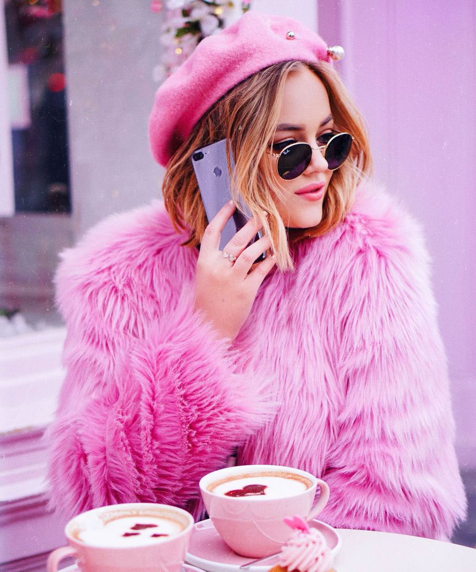 Pink, Fur, Eyewear, Clothing, Street fashion, Sunglasses, Lip, Fur clothing, Fashion, Blond, 