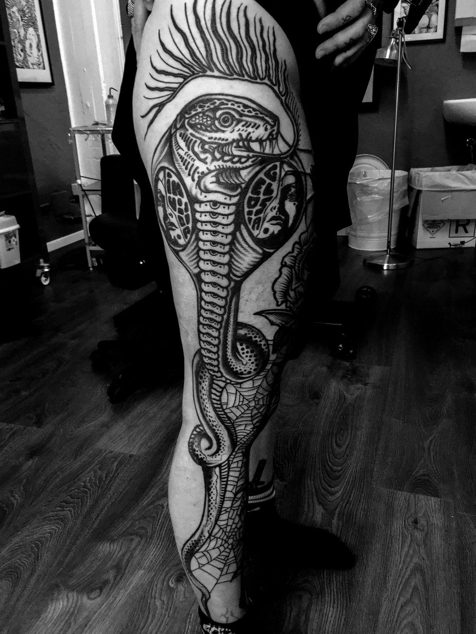 Tattoo, Human leg, Leg, Arm, Black-and-white, Joint, Calf, Human body, Monochrome, Flesh, 