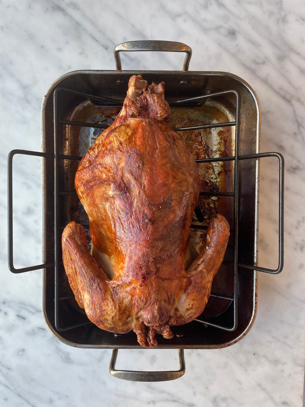 a whole roasted turkey is seated in a metal roasting pan, with its legs tucked under
