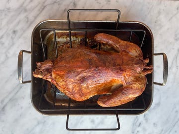 whole roasted turkey in a metal roasting pan