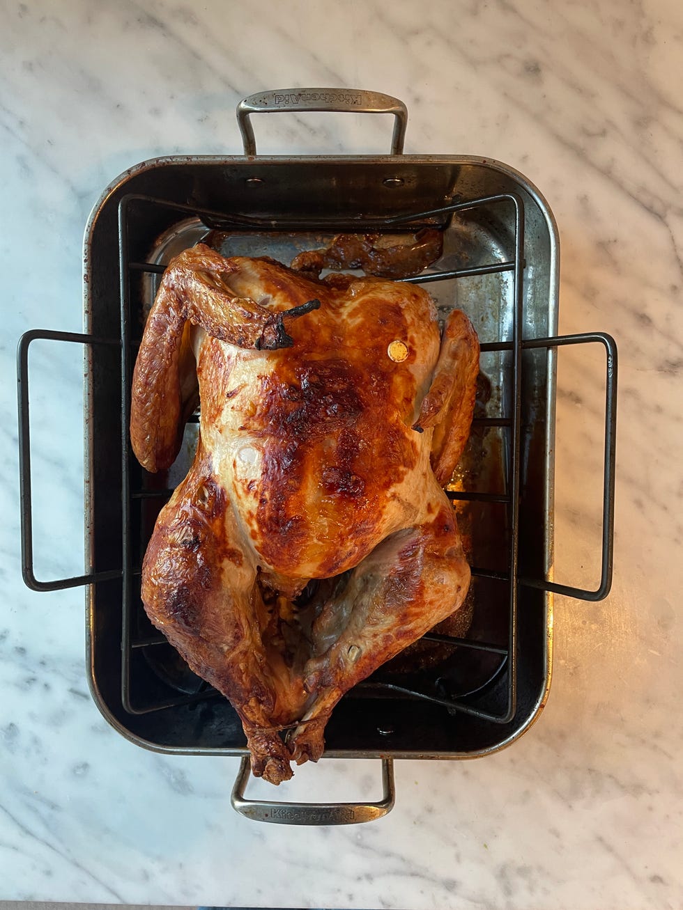 a whole roasted turkey is resting in a metal roasting pan showcasing golden brown skin with crispy areas