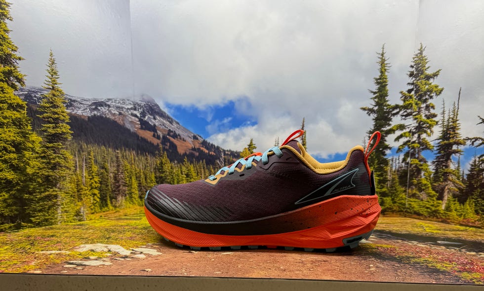 running shoe displayed against a nature backdrop