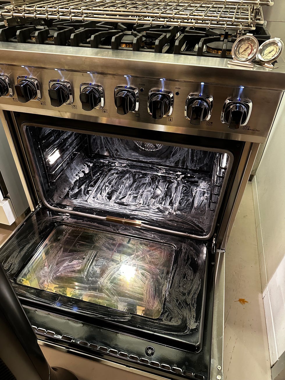 testing oven cleaning in the lab on a viking range.