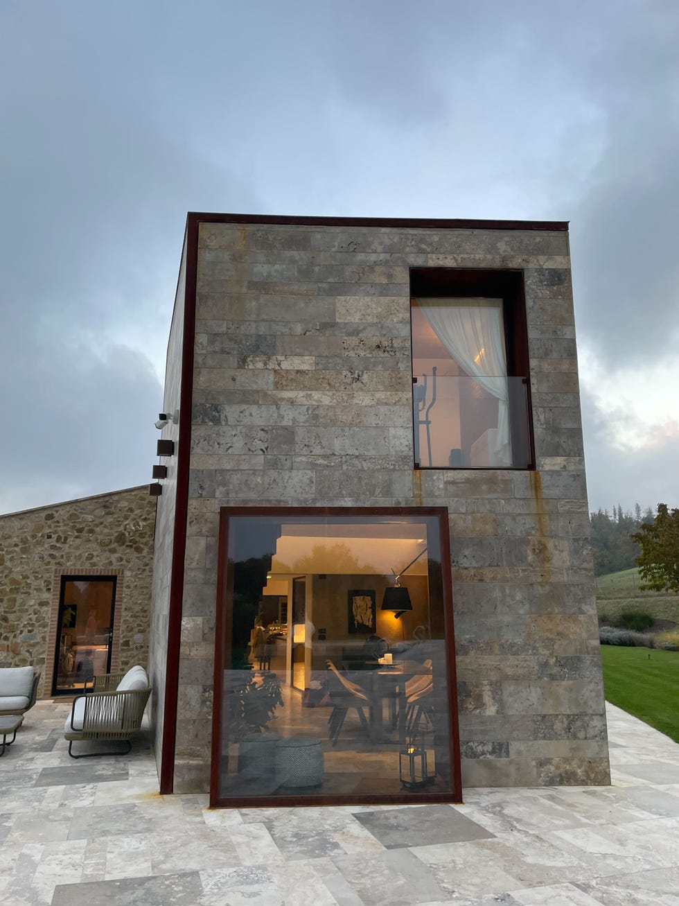 a fireplace in a stone building