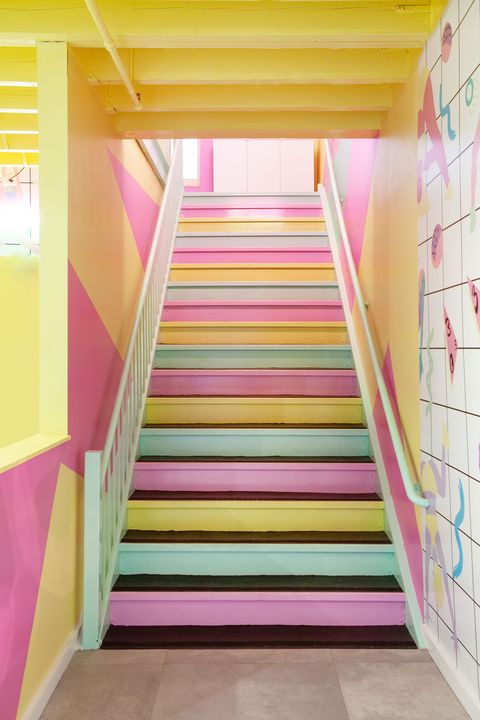 Stairs, Pink, Yellow, Room, Magenta, Architecture, Floor, Interior design, House, Flooring, 
