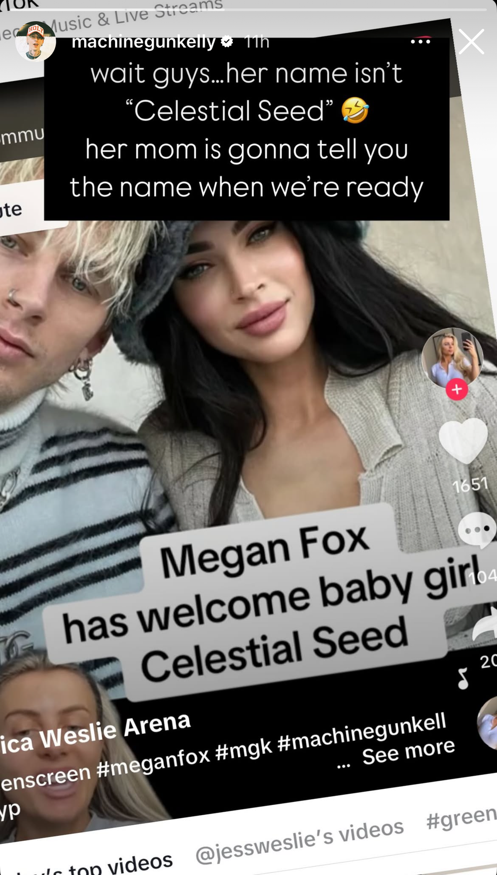 mitragliatore di Kelly Instagram sul nome della figlia di sua e Megan Fox