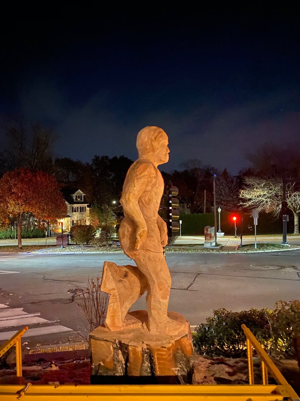 tree sculpture of a runner on the boston marathon course