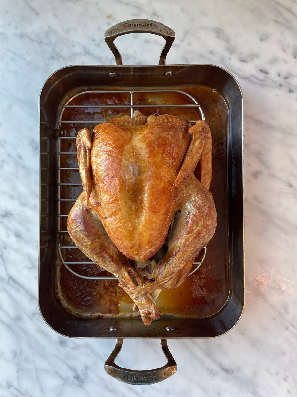 roasted turkey on a rack in a metal roasting pan