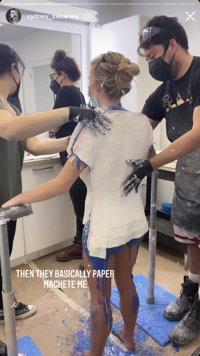 sydney sweeney getting fitted for fake belly on instagram stories