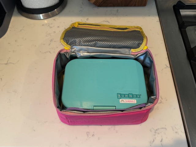 a pink lunchbox with a teal bento box inside