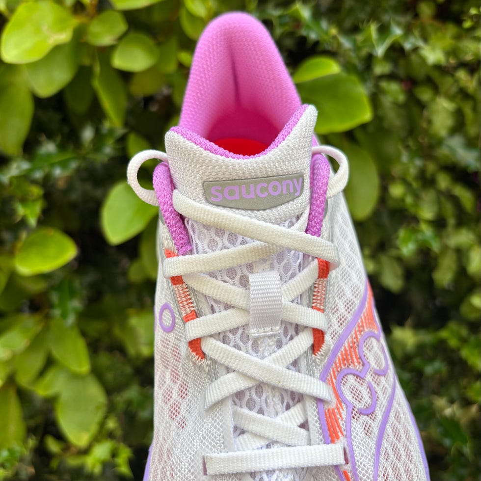 close up of the front of a shoe with foliage in the background