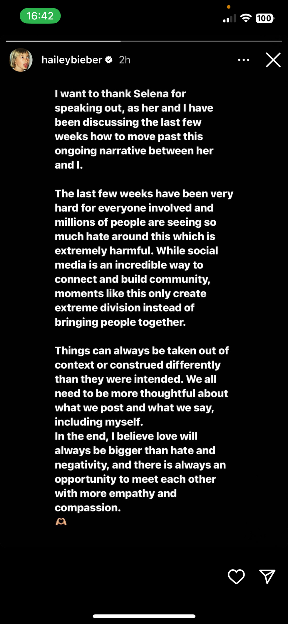 hailey bieber's instagram story in response to selena drama