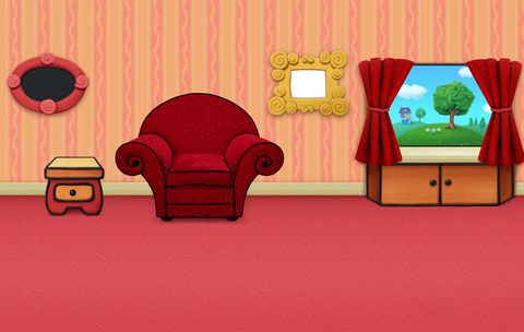 the red velvet chair from blue’s clues, ﻿which is surrounded by ﻿striped wallpaper and a scenic view