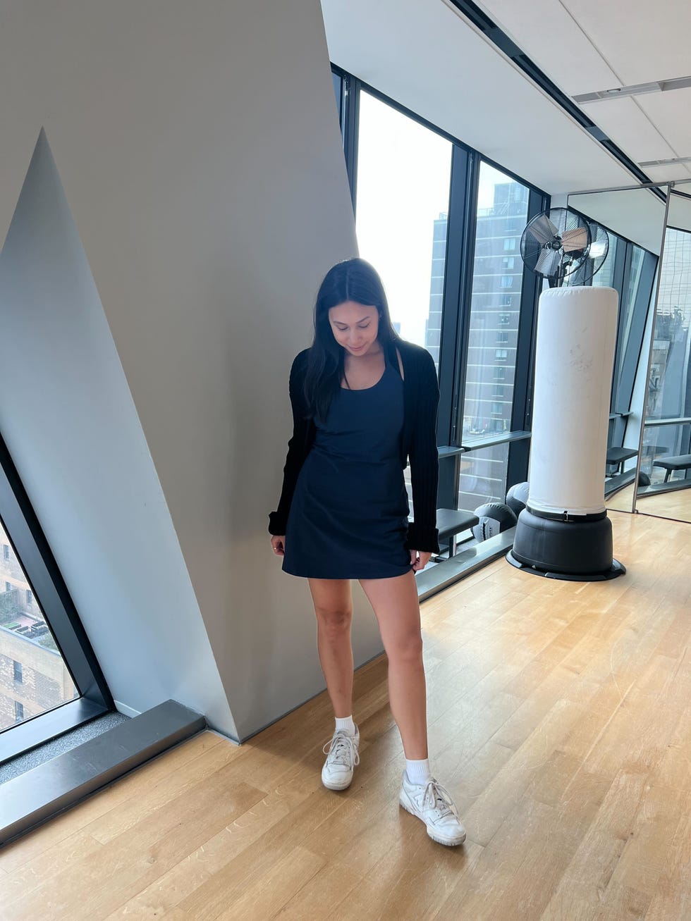 a gh staffer wears the outdoor voices travel dress in navy