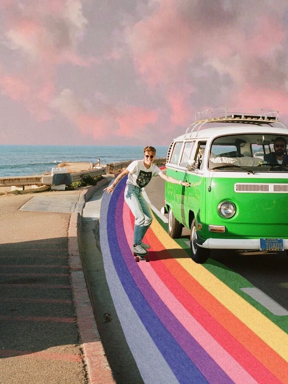 nikki hiltz skateboards on a rainbow painted road while holding onto a green van along te van