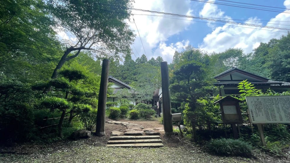 a path with trees and a building