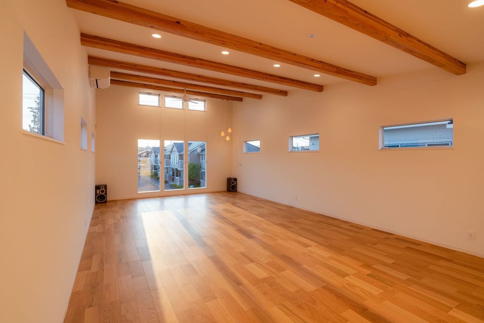 a large room with a wood floor